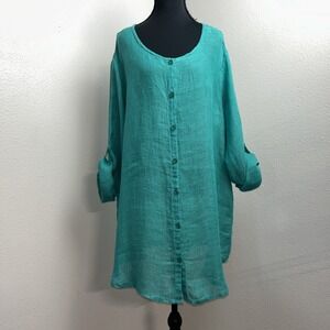 Flax Tunic Women's Medium Teal Lagenlook Minimalist Linen Button Down‎ Artsy